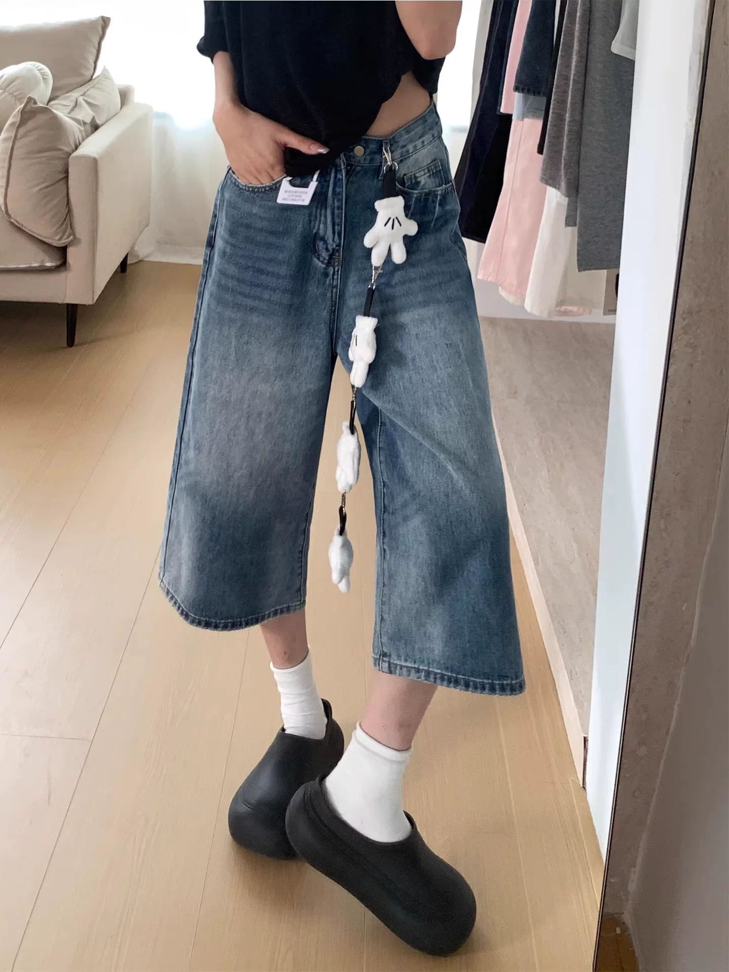 Quần short denim bảy điểm dáng quả lê dành cho nữ, kiểu dáng mỏng mùa hè, cỡ lớn, lưng cao, dáng rộng, giảm béo, quần dài vừa phải ống rộng
