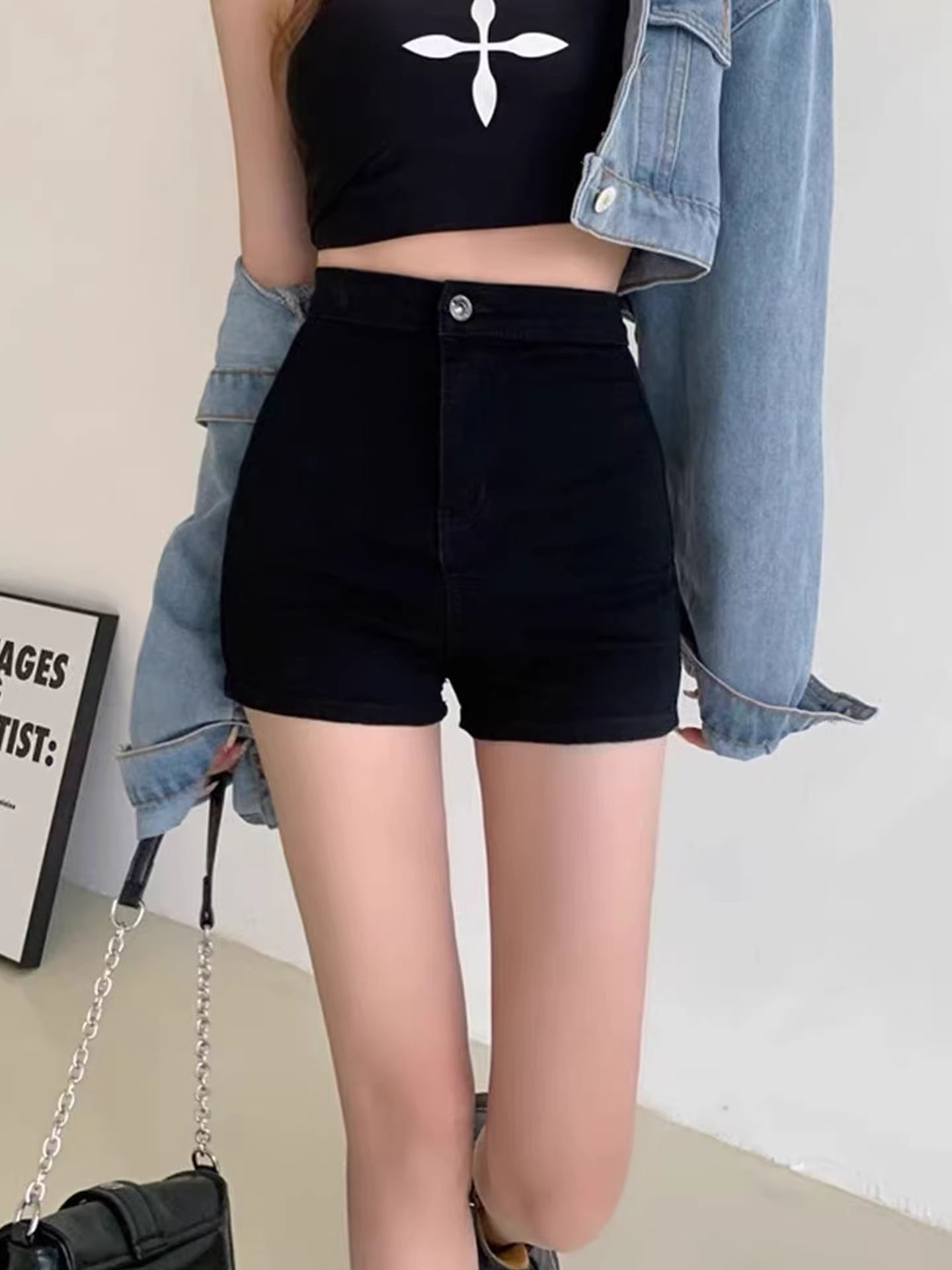 Quần short denim đen cho nữ, kiểu dáng mỏng mùa hè, cỡ lớn, lưng cao, co giãn, che hông, giảm béo, dáng quả lê, quần chữ A