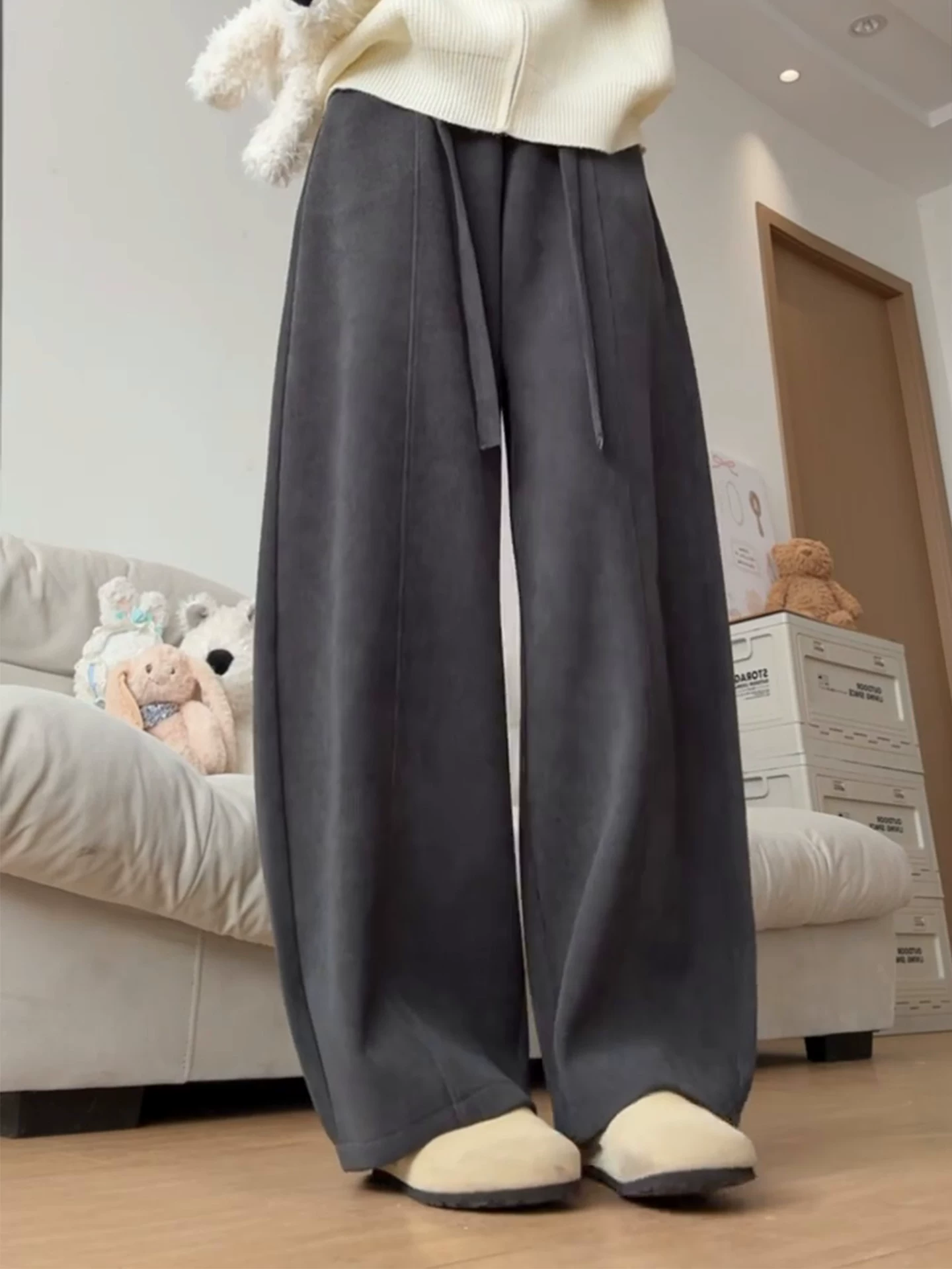 Quần ống cong thường ngày màu đen và xám dành cho nữ, mùa thu đông, cỡ lớn, lưng cao, giảm béo, quần chuối, quần ống rộng lót lông cừu.