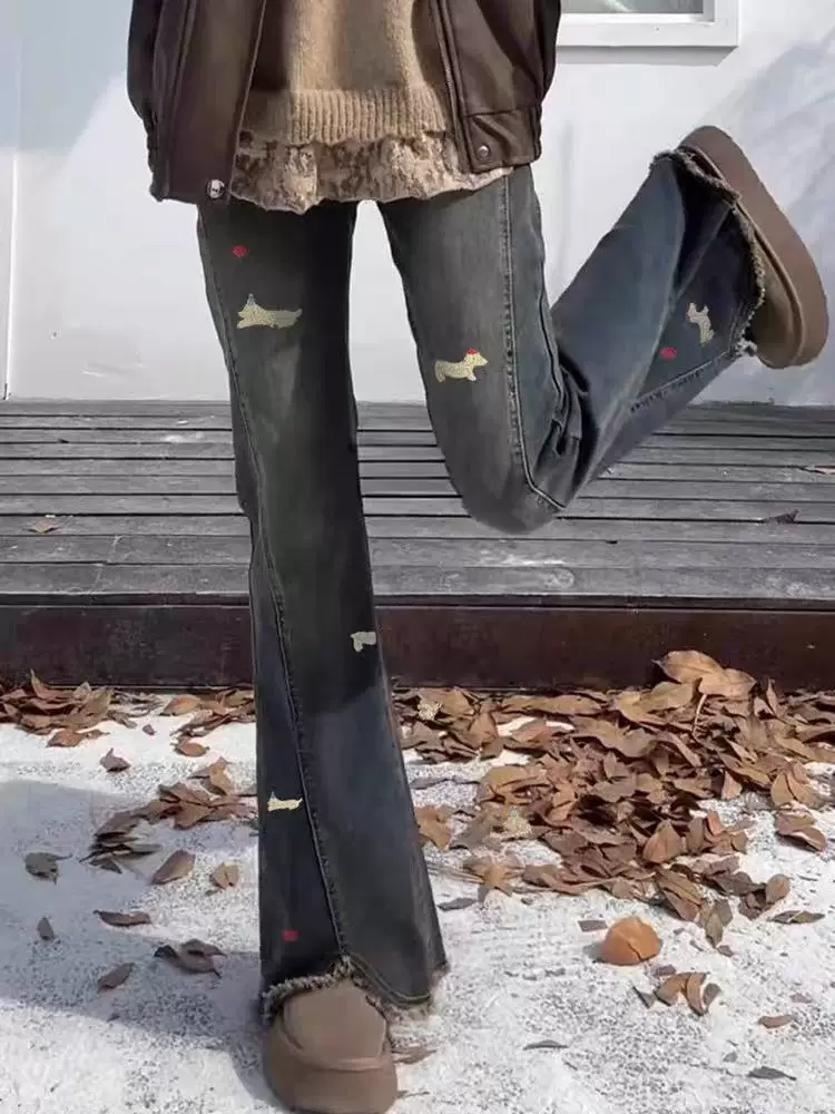 Quần jean ống loe kiểu Dachshund dành cho nữ, mùa thu đông, lót lông cừu, dày dặn, cỡ lớn, lưng cao, co giãn, quần ống loe thon gọn