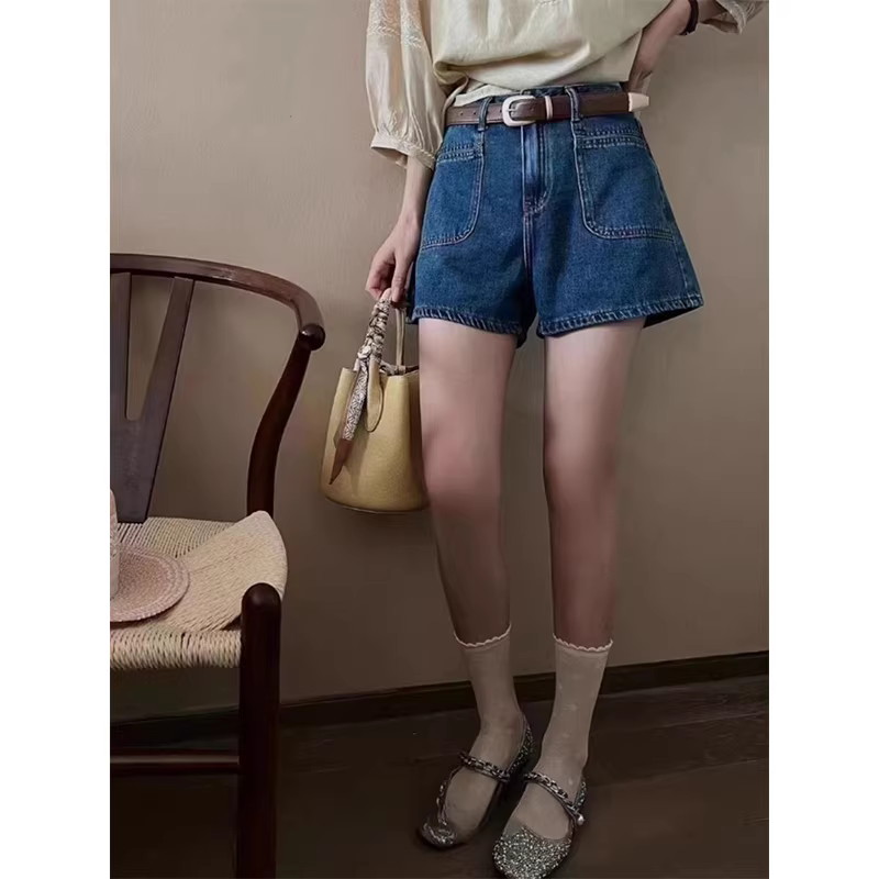 Quần short denim kiểu dáng châu Âu dành cho nữ, kiểu dáng mỏng mùa hè, cỡ lớn, lưng cao, giảm béo, che hông, quần ống rộng chữ A