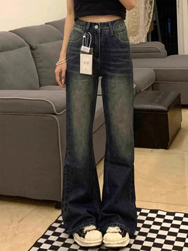 Quần jean ống đứng dáng quả lê hơi loe dành cho nữ, đầu thu, size lớn, lưng cao, rộng rãi, tôn dáng, không bó sát, quần ống rộng