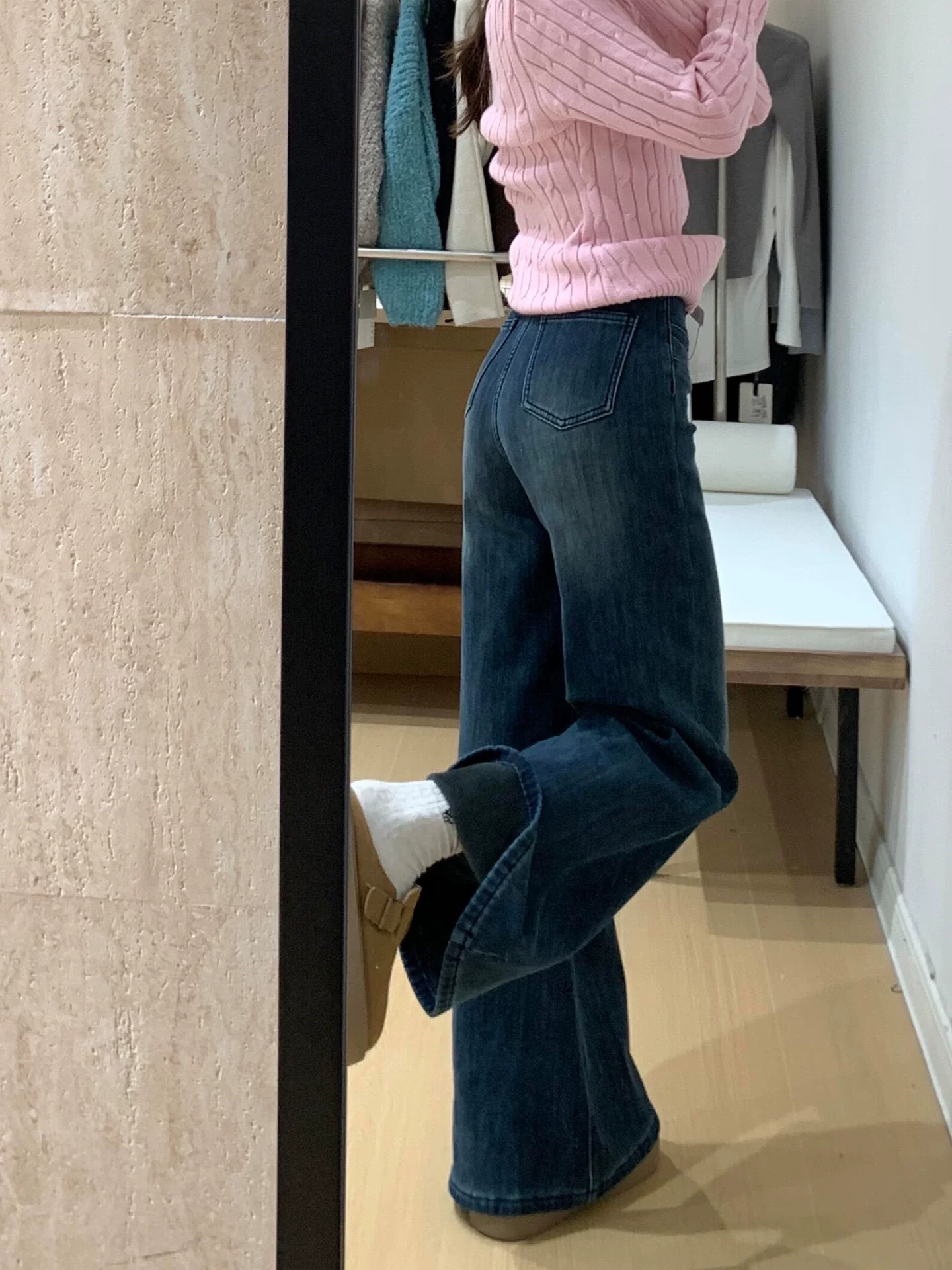 Quần jean ống loe dày lót lông màu xanh đậm dành cho nữ, mùa đông, cỡ lớn, lưng cao, dáng rộng, giảm béo, dáng quả lê, quần ống chuông