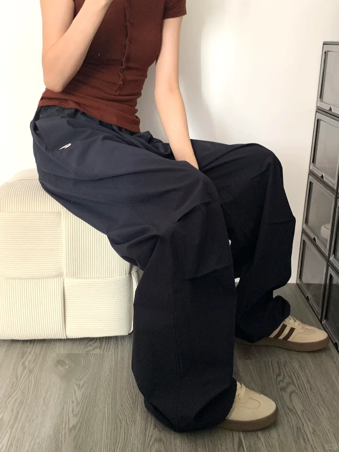 Quần ống rộng kiểu Mỹ dành cho nữ, cỡ lớn mùa hè, mặc đầu thu, lưng cao, dáng rộng, giảm béo, nhanh khô, quần thể thao thông thường