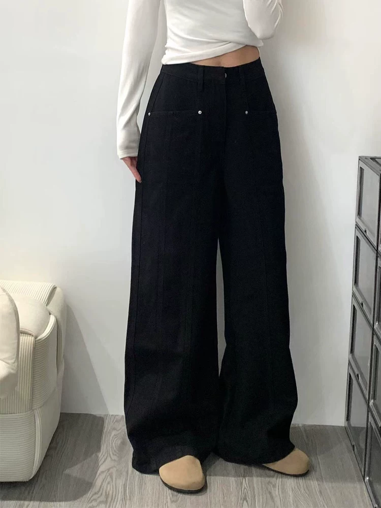 Quần jeans đen dáng thẳng nữ mùa thu đông 2024, size lớn, cạp cao, rộng rãi, tôn dáng, kiểu dáng chữ A, ống rộng