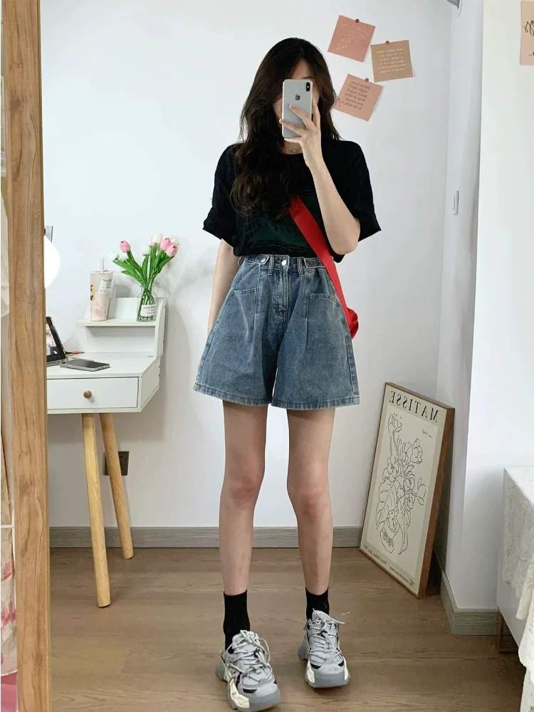 Quần short denim dáng quả lê dành cho nữ, cạp cao mùa hè, tôn dáng, che hông, size lớn, quần short dáng chữ A rộng ống rộng năm phần.