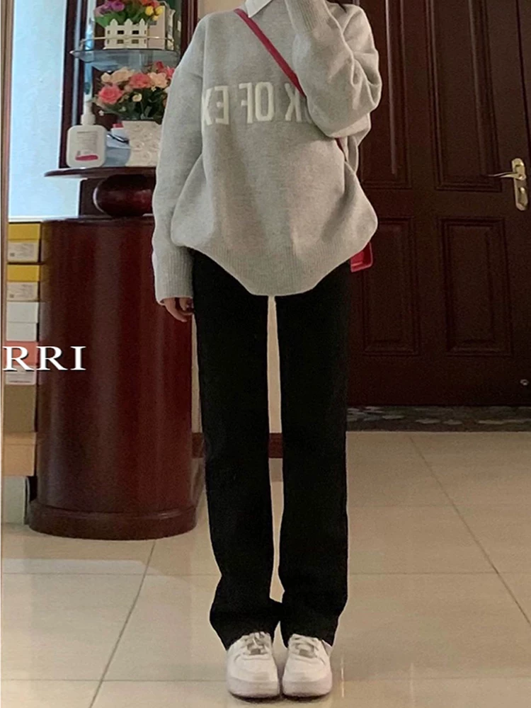 Quần jean đen ống thẳng cho nữ, phong cách đầu thu, cỡ lớn, lưng cao, dáng rộng, tôn dáng, dáng quả lê, quần ống rộng hẹp