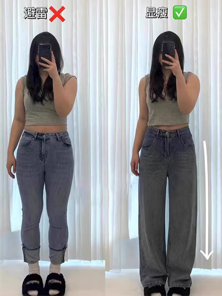 Quần jean ống thẳng dáng quả lê dành cho nữ, phong cách mới đầu thu, cỡ lớn, lưng cao, dáng rộng, dáng thon gọn, ống rộng, quần dài đến sàn