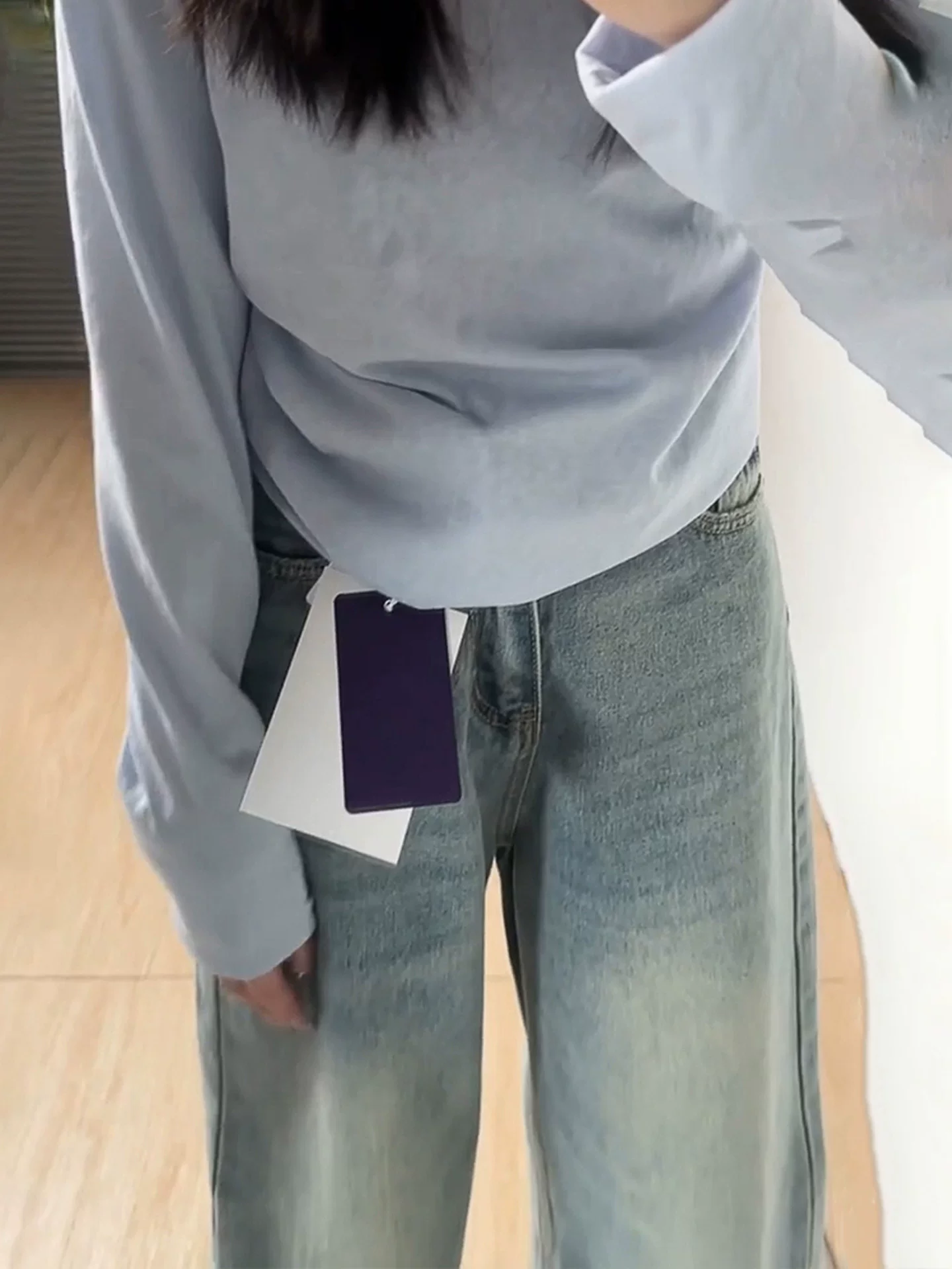 Quần jean ống rộng màu sáng cho nữ, mùa thu, cỡ lớn, lưng cao, dáng rộng, thon gọn, dáng quả lê, ống thẳng, quần dài chạm sàn