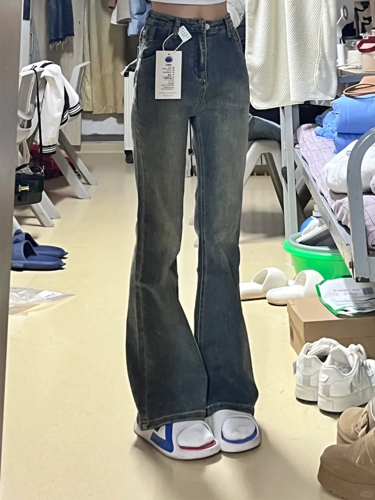 Quần jean xanh vintage dáng loe dành cho nữ, mùa thu, size lớn, cạp cao, co giãn, che hông, tôn dáng, dành cho người có thân hình quả lê, quần ống loe