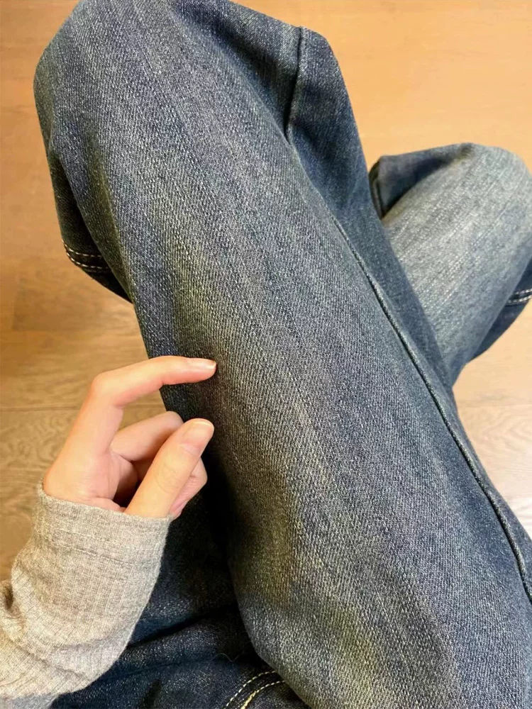 Quần jean ống rộng dáng chữ E màu xanh retro dành cho nữ, size lớn, cạp cao, dáng rộng, tôn dáng, dài chấm đất