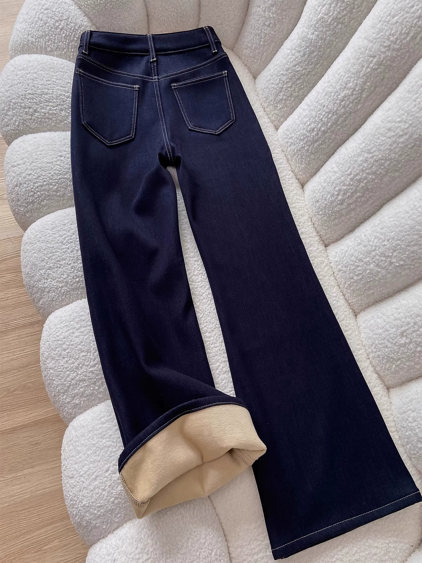 Quần jean ống đứng dày có lót lông cừu lưng cao màu xanh đậm dành cho nữ, mùa thu đông, dáng quả lê, giảm béo, quần ống rộng cỡ lớn