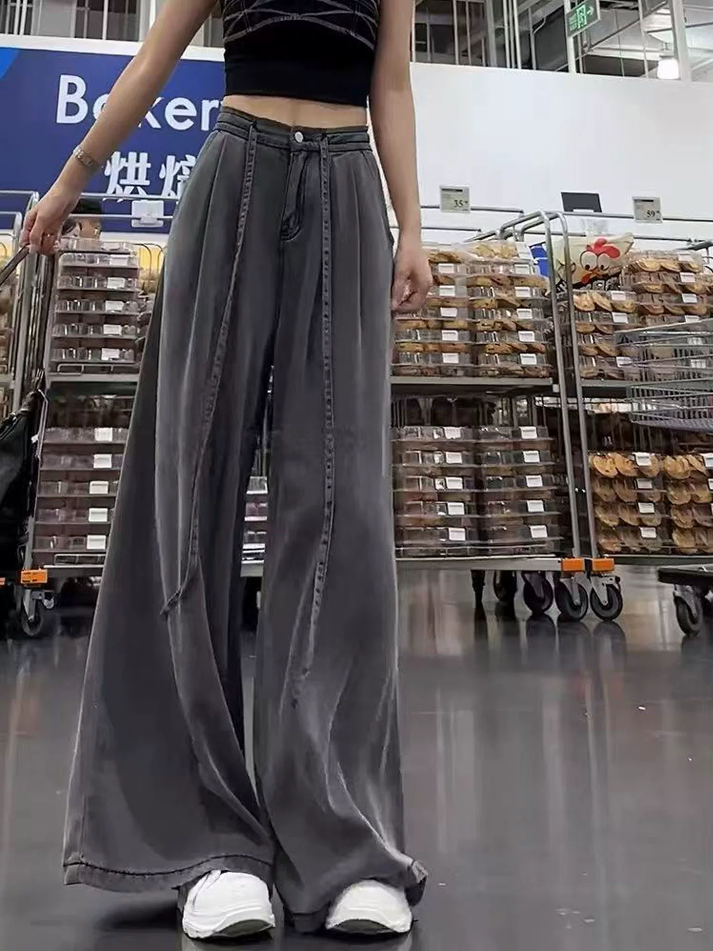 Quần jean ống rộng Tencel màu đen và xám dành cho nữ, kiểu dáng mỏng mùa hè, cỡ lớn, lưng cao, rộng rãi, mềm mại, tôn dáng, quần dài chạm sàn.