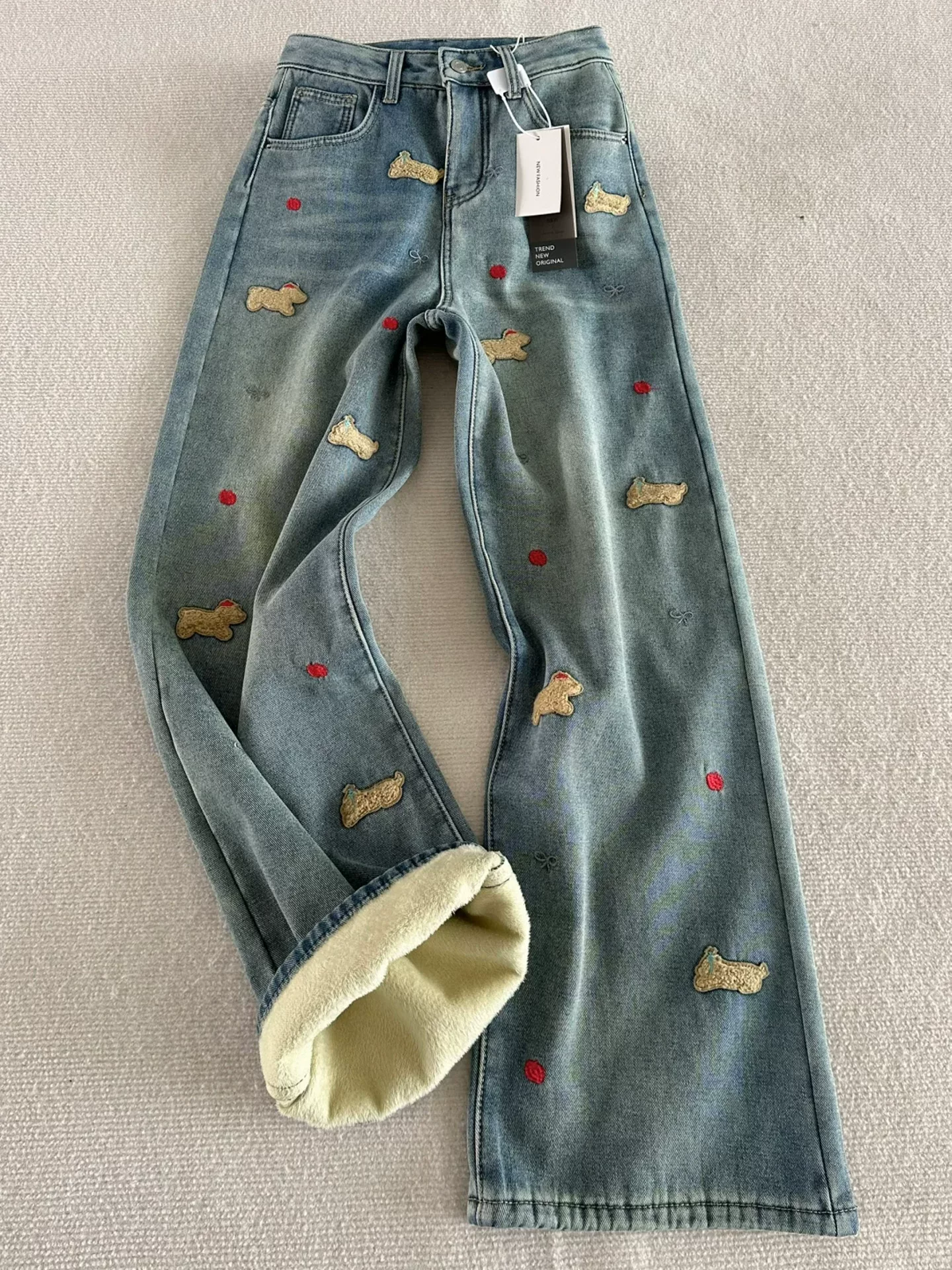 Quần jean ống rộng dày có lót lông cừu thêu dành cho nữ, mùa thu đông, cỡ lớn, lưng cao, dáng rộng, dáng suông, quần ống đứng nhỏ nhắn.