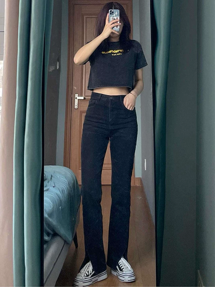 Quần ống đứng co giãn hình quả lê mùa thu đông 2022 cạp cao giảm béo cỡ lớn quần jean ống loe béo mm