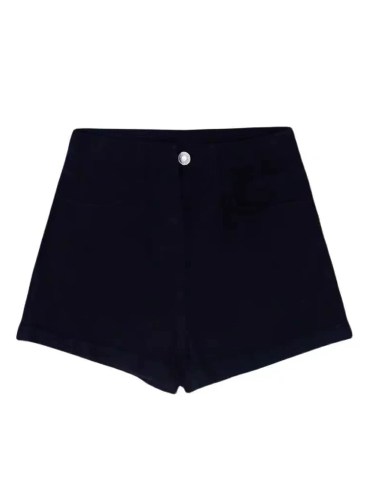 Quần short denim đen dành cho nữ, mùa hè, cỡ lớn, lưng cao, co giãn, che hông, giảm béo, dáng quả lê, dáng chữ A, quần ống rộng