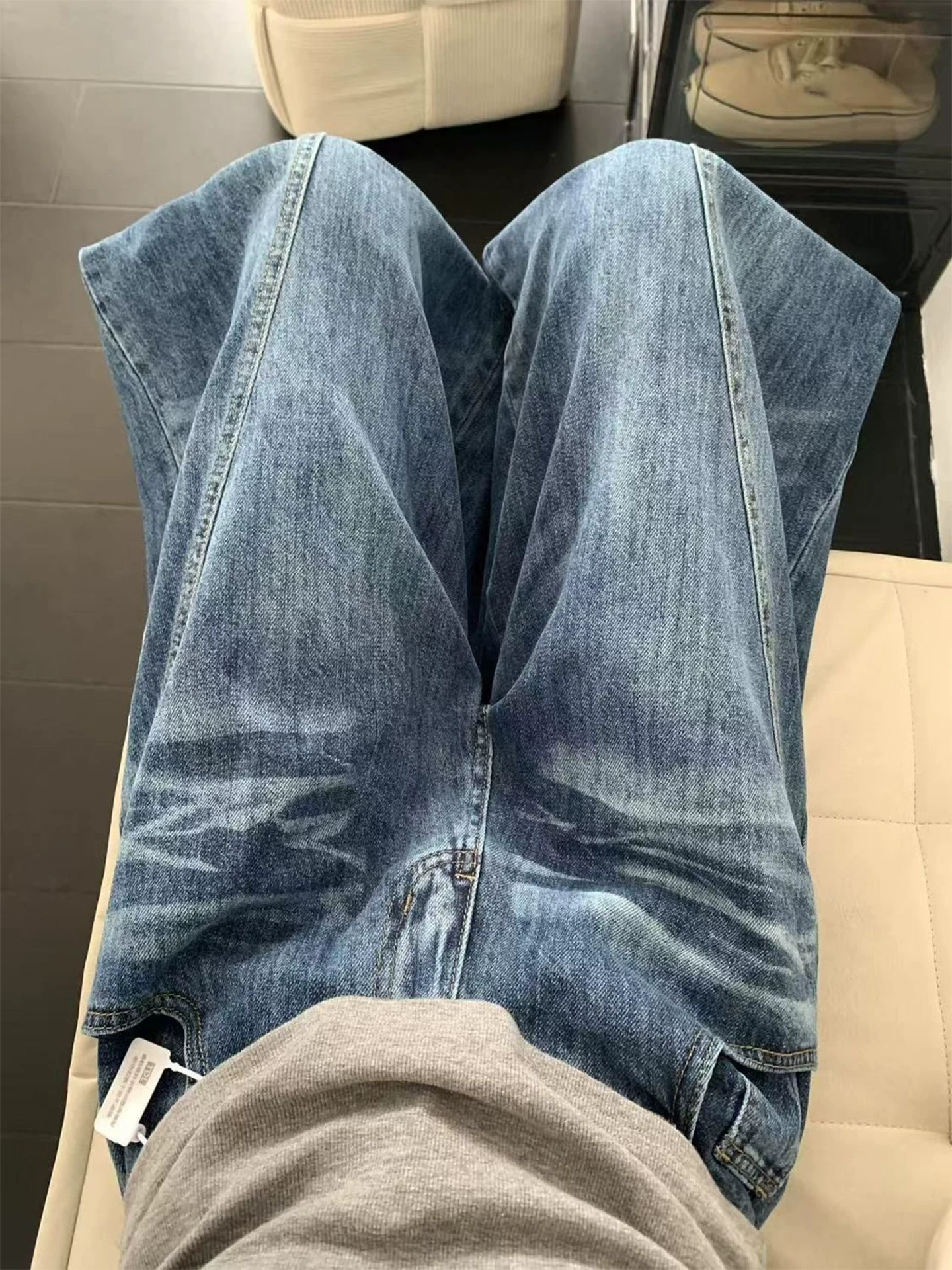 Quần jeans kiểu Mỹ cổ điển dáng rộng dành cho nữ mùa thu 2025, size lớn, cạp cao, dáng rộng, tôn dáng, dài chấm đất