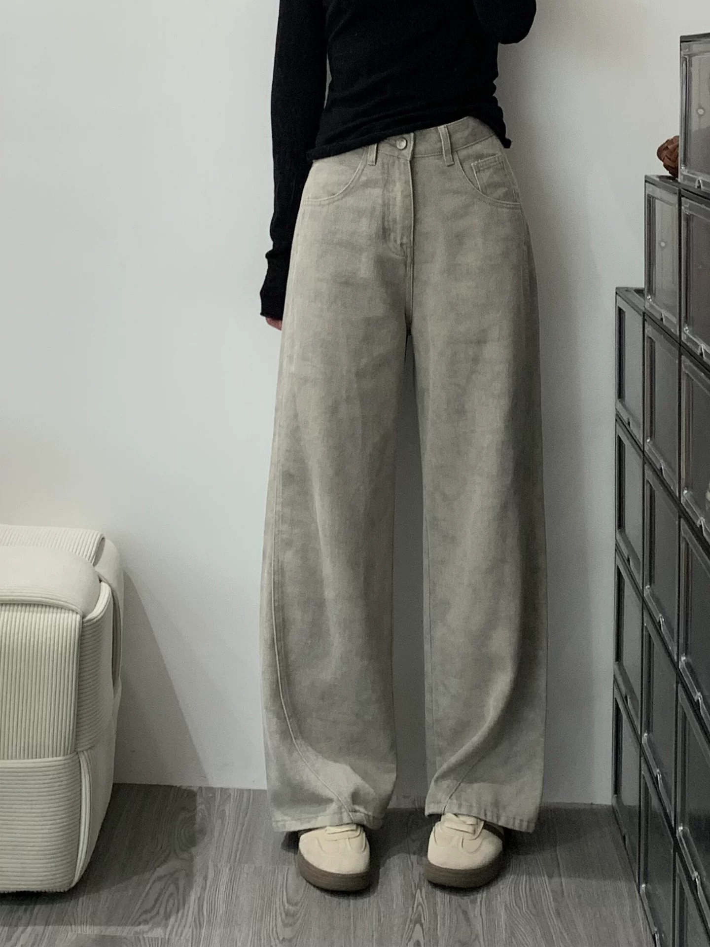 Quần jean nữ ống rộng lưng cao, dáng thẳng, vạt cong, kiểu thu mới, size lớn, quần dài rộng suôn dài chạm sàn