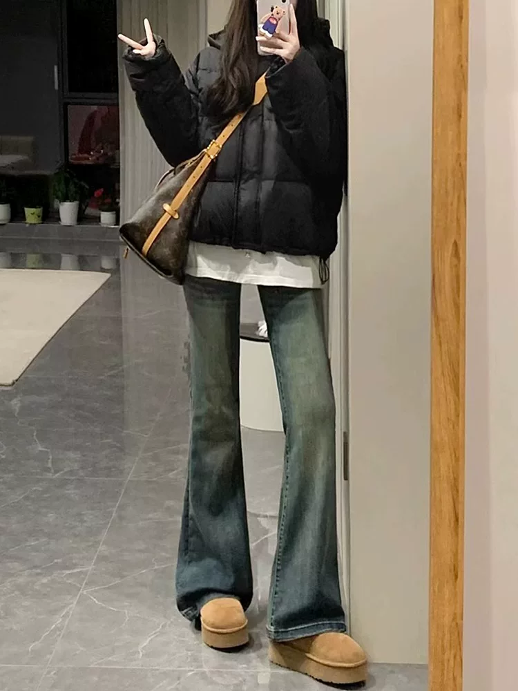 Quần jean ống đứng ống loe dày dặn lót lông màu xanh cổ điển dành cho nữ, mùa thu đông, cỡ lớn, cạp cao, co giãn, quần ống loe thon gọn.