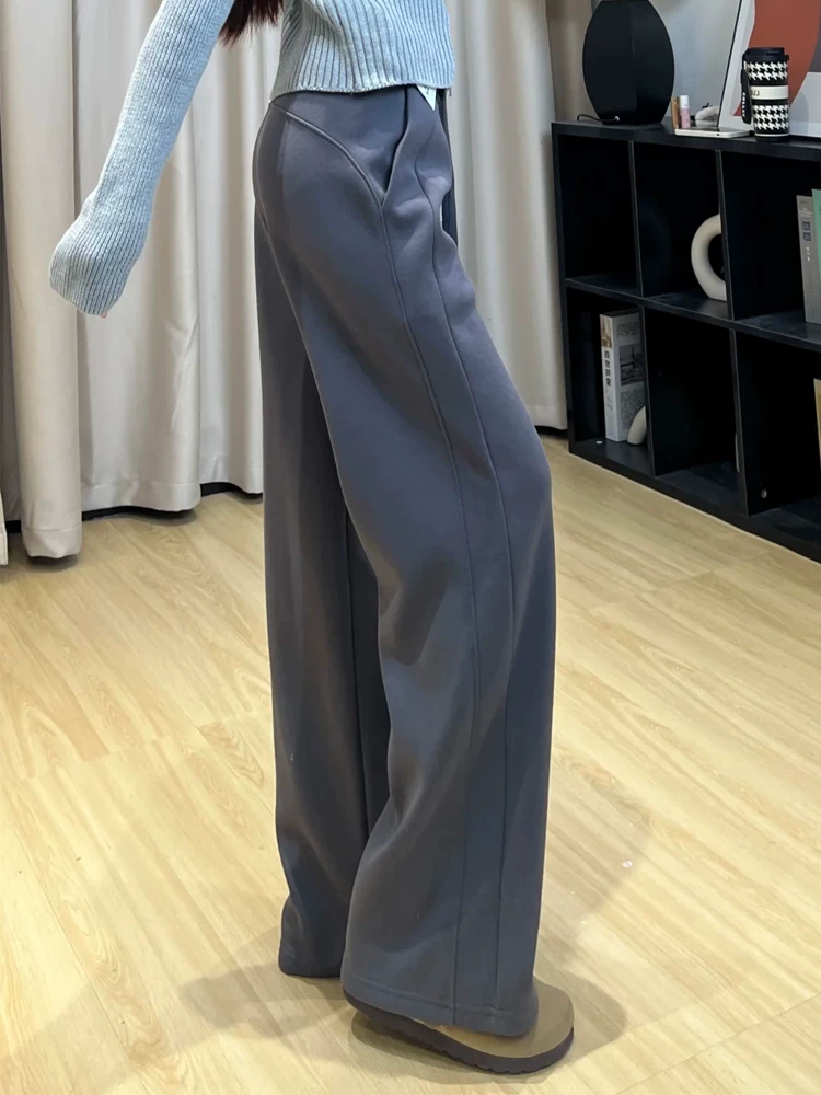 Quần thể thao màu xám đậm dành cho nữ, mùa xuân, cỡ lớn, cạp cao, che hông, giảm béo, dáng quả lê, quần thể thao ống rộng.