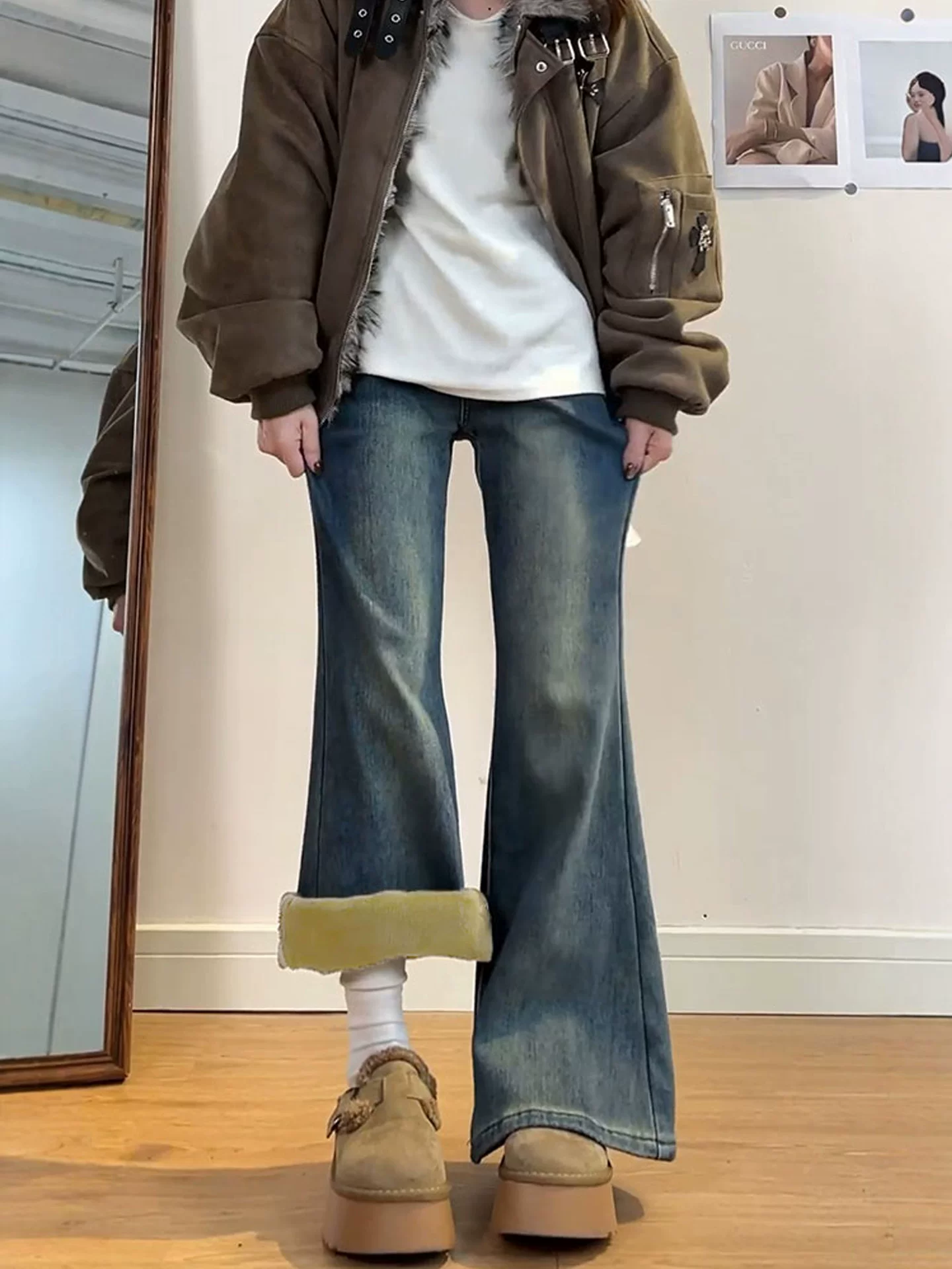 Quần jean bootcut nhung xanh cổ điển dành cho nữ trong mùa đông, cỡ lớn, eo cao, co giãn, tạo vẻ thon gọn, dáng quả lê, quần ống loe