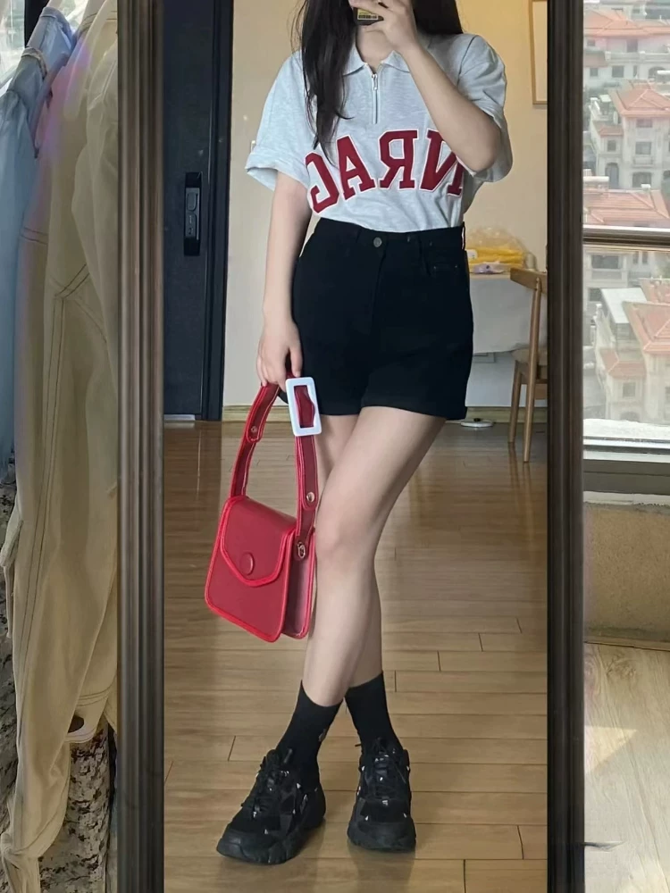 Kiểu dáng hình quả lê, quần short denim đen dành cho nữ, size lớn mùa hè, lưng cao, co giãn, tôn dáng, quần ống rộng dáng chữ A.