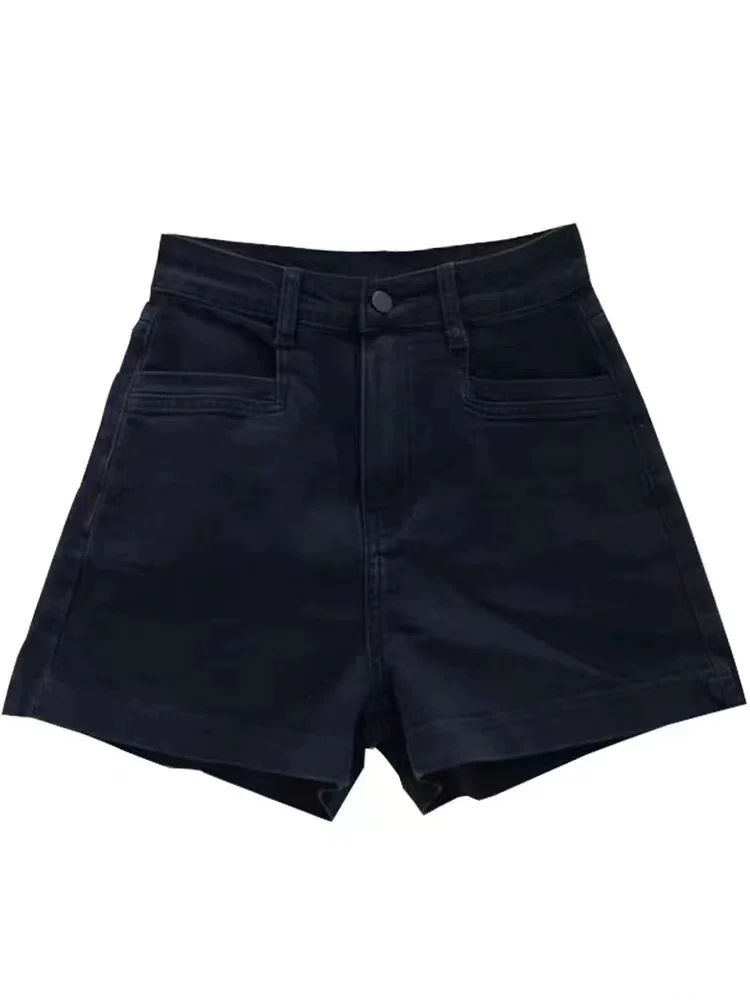 Quần short denim đen dáng quả lê dành cho nữ, size lớn mùa hè, lưng cao, co giãn, che hông, quần ống rộng chữ A tôn dáng