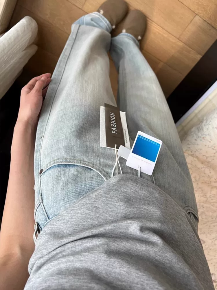 Quần jean ống thẳng màu sáng dáng quả lê dành cho nữ, size lớn mùa xuân, cạp cao, dáng rộng, tôn dáng, quần ống rộng có họa tiết