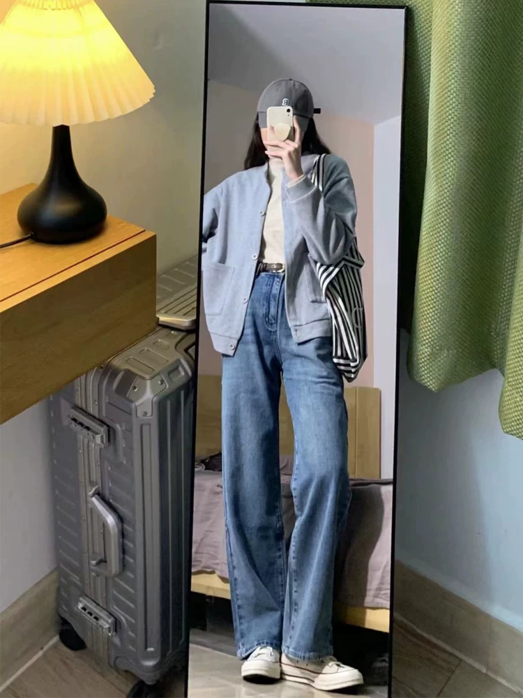 Quần jean dáng lê dành cho nữ, phong cách thu đông, lót lông cừu, cỡ lớn, lưng cao, dáng rộng, tôn dáng, ống thẳng, quần dài ống rộng.