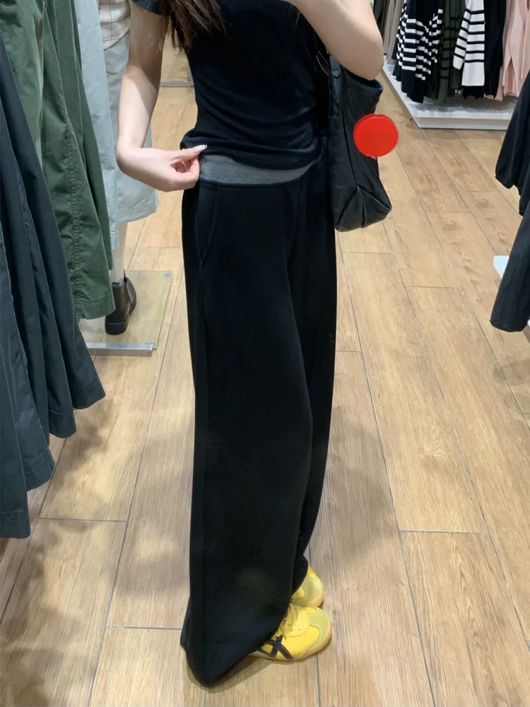 Quần thể thao nữ phối màu đen, kiểu mới xuân 2025, size lớn, cạp cao, tôn dáng, ống rộng, dài chấm đất.