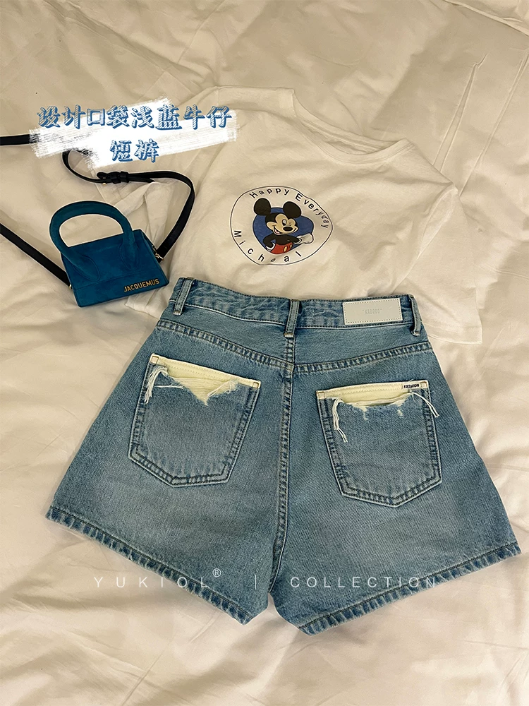 Quần short denim dáng lê dành cho nữ, size lớn mùa hè, chất liệu mỏng, cạp cao, dáng rộng, tôn dáng, quần ống rộng xẻ rách kiểu chữ A