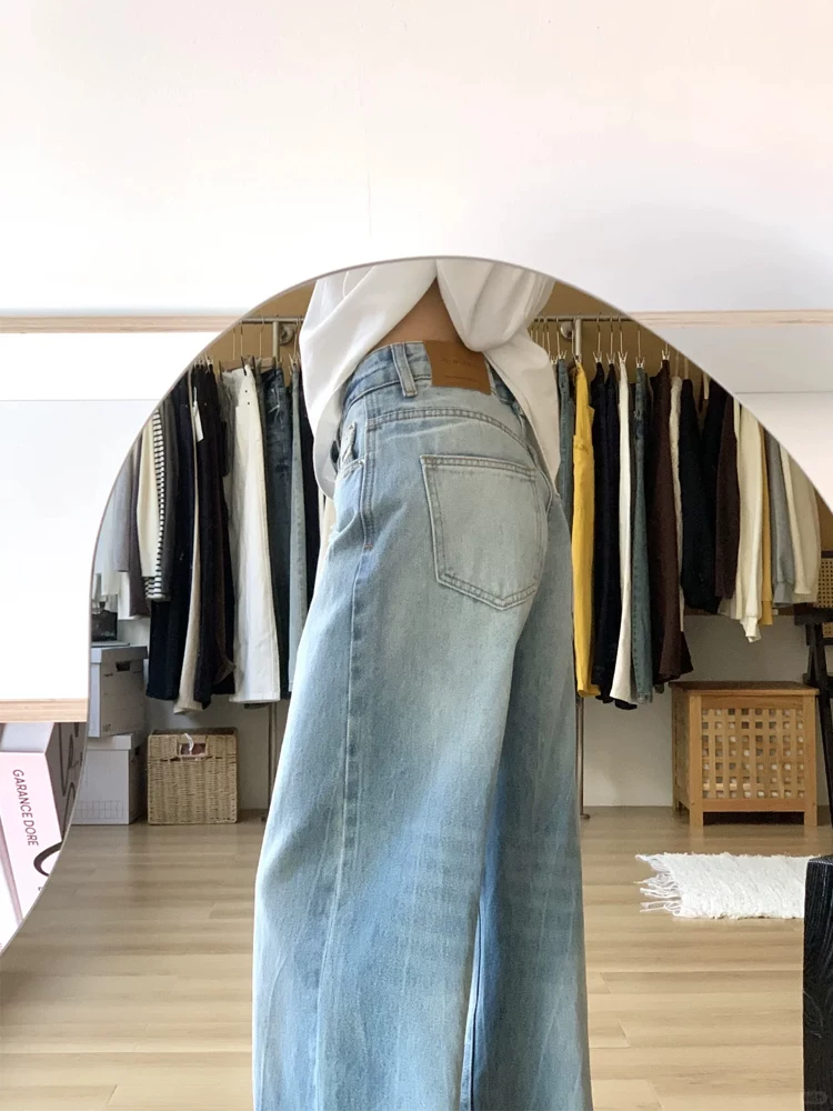 Quần jean ống đứng màu xanh nhạt dành cho nữ, thu đông 2025, size lớn, cạp cao, dáng rộng, tôn dáng, phù hợp với dáng người quả lê, quần ống rộng