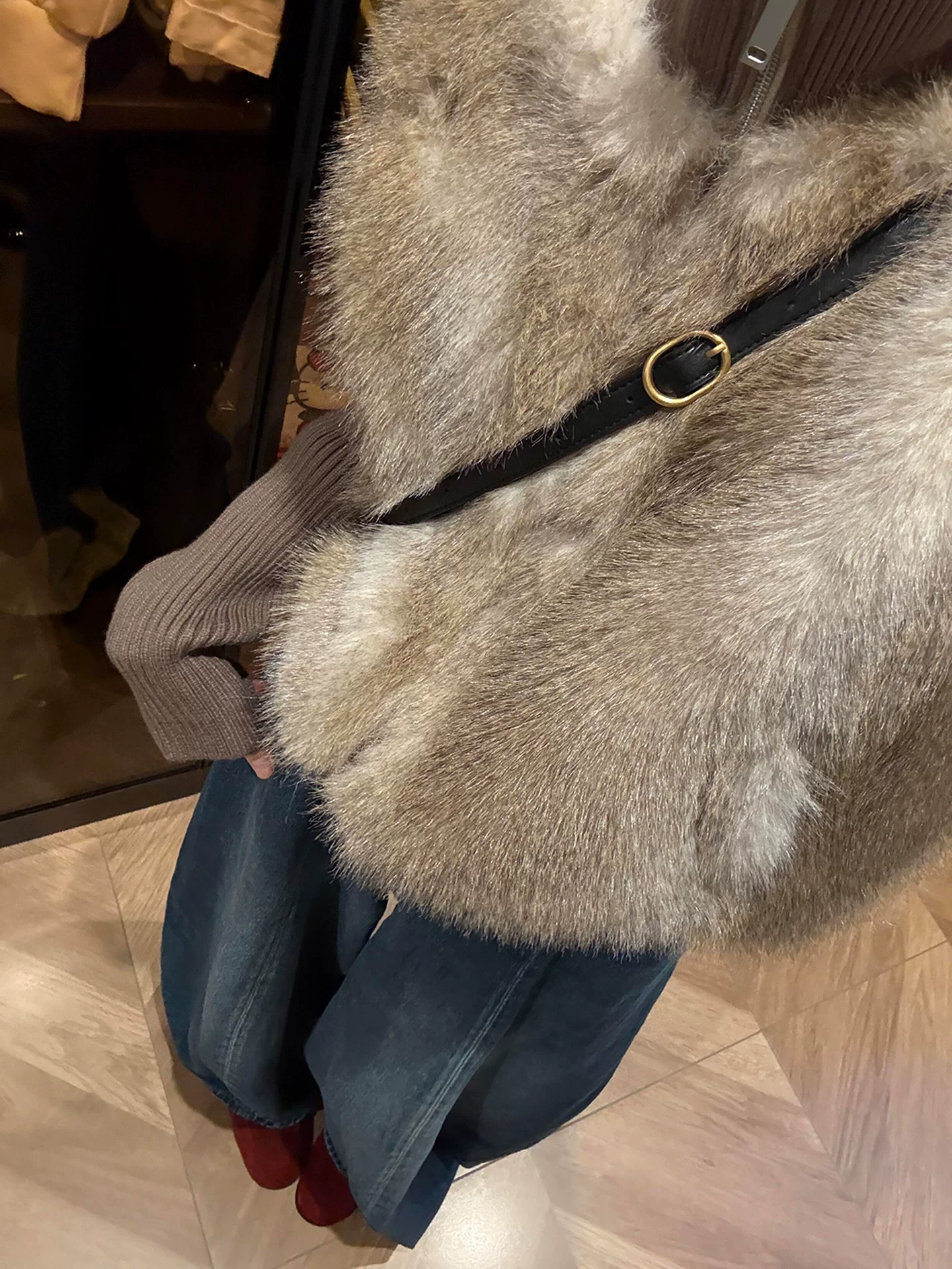 Quần jean ống rộng màu xanh cổ điển dành cho nữ, mùa thu đông, lót lông cừu, cỡ lớn, dáng quả lê, lưng cao, dáng rộng, dáng thon gọn, quần dài đến sàn