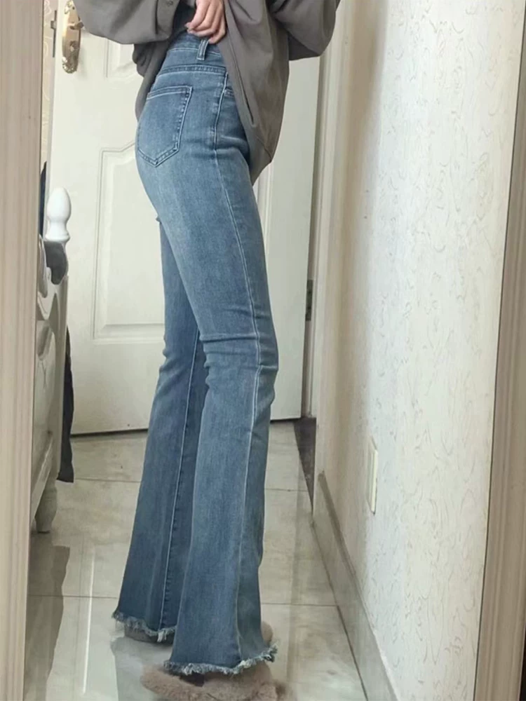 Quần jean ống đứng xẻ tà màu xanh lam đầu xuân dành cho nữ cỡ lớn, che hông, co giãn, giảm béo, quần ống loe cạp cao