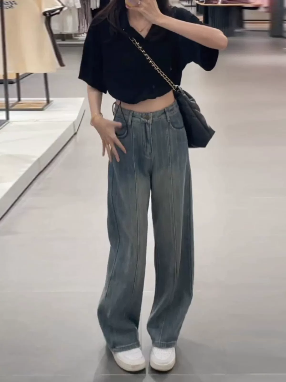 Quần jean ống đứng cổ điển dành cho nữ, cỡ lớn, thiết kế đầu thu, lưng cao, dáng rộng, che hông, giảm béo, quần ống rộng