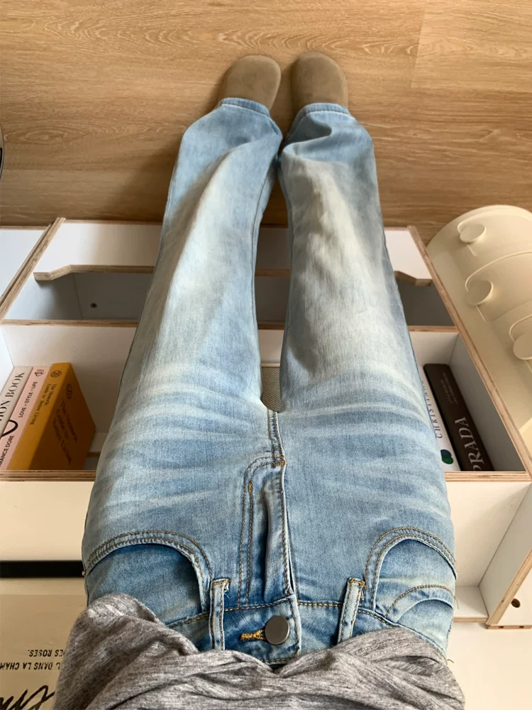 Quần jean Tencel màu sáng dành cho nữ, kiểu dáng mỏng mùa hè, cỡ lớn, cạp cao, che hông, quần ống loe thon gọn.