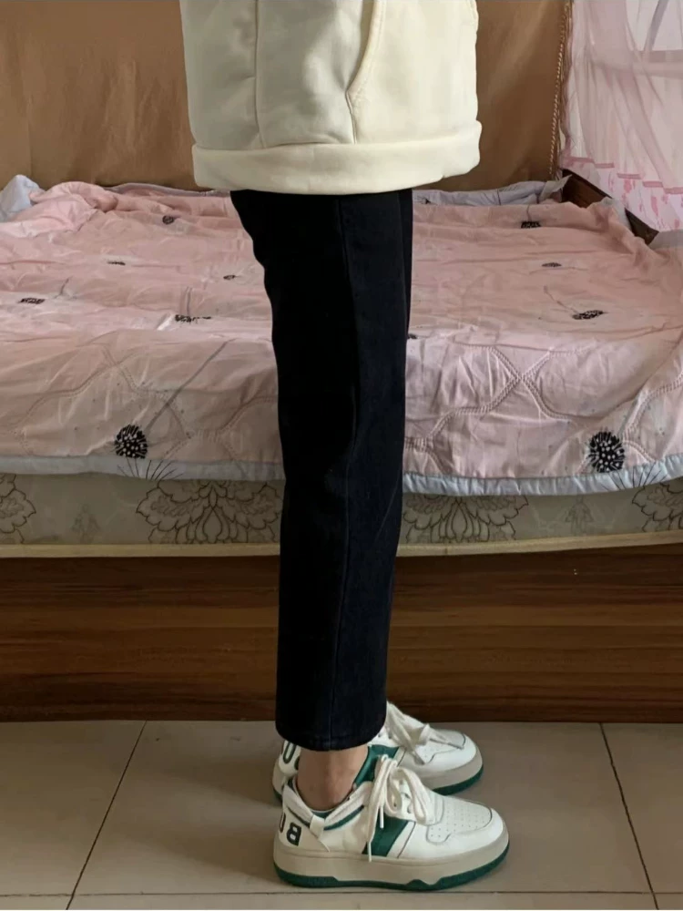 Quần jean ống đứng dáng quả lê dành cho nữ, mùa thu đông, lót lông cừu, dáng nhỏ nhắn, cỡ lớn, cạp cao, quần thuốc lá thon gọn