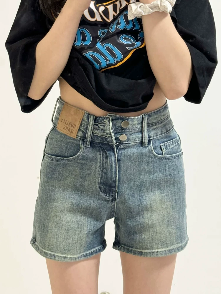 Quần short denim nữ cho mùa hè, cỡ lớn, lưng cao, co giãn, che hông, giảm béo, dáng quả lê, quần ống rộng chữ A