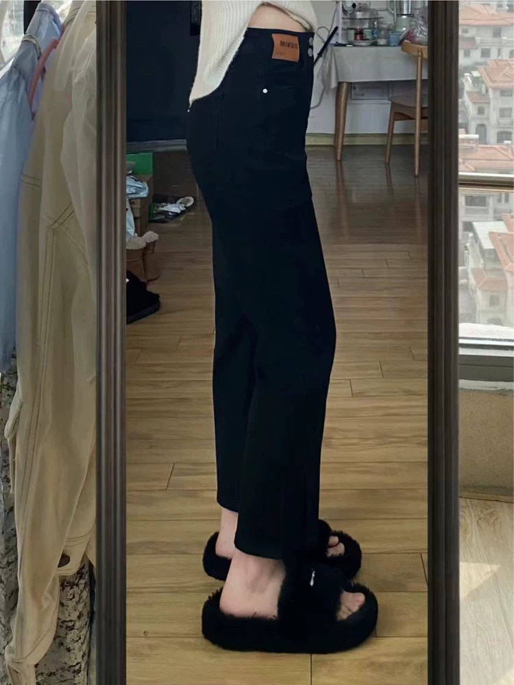 Quần jean dáng quả lê dành cho nữ, phong cách đầu thu, cỡ lớn, lưng cao, co giãn, che hông, giảm béo, ống thẳng, quần lửng.