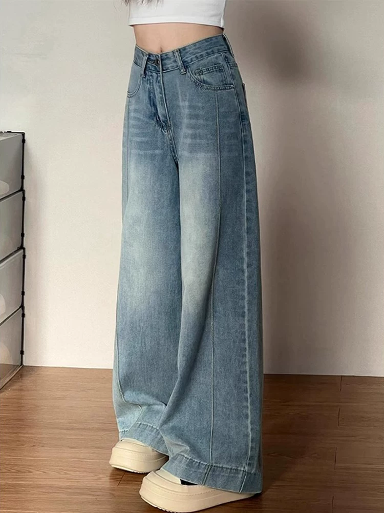 Quần jean ống rộng màu xanh cổ điển dành cho nữ, kiểu dáng mỏng mùa hè, cỡ lớn, lưng cao, dáng rộng, tôn dáng, dành cho người có thân hình quả lê, quần ống thẳng.