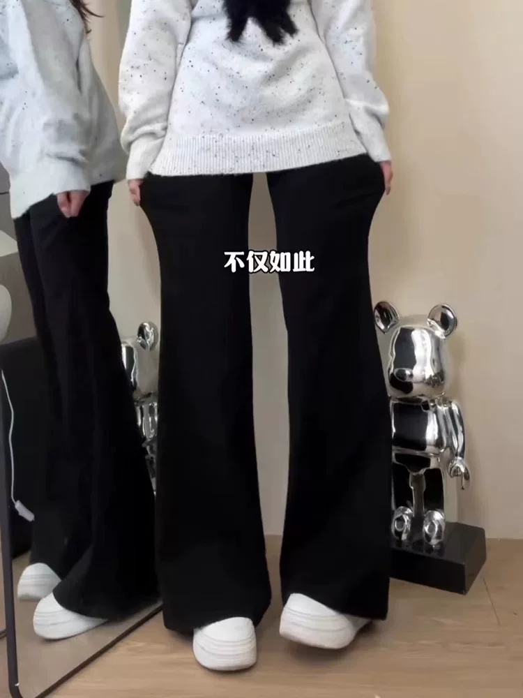 Quần jean ống đứng xòe dành cho nữ, thu đông 2025, lót lông cừu, size lớn, cạp cao, co giãn, che hông, quần bootcut tôn dáng