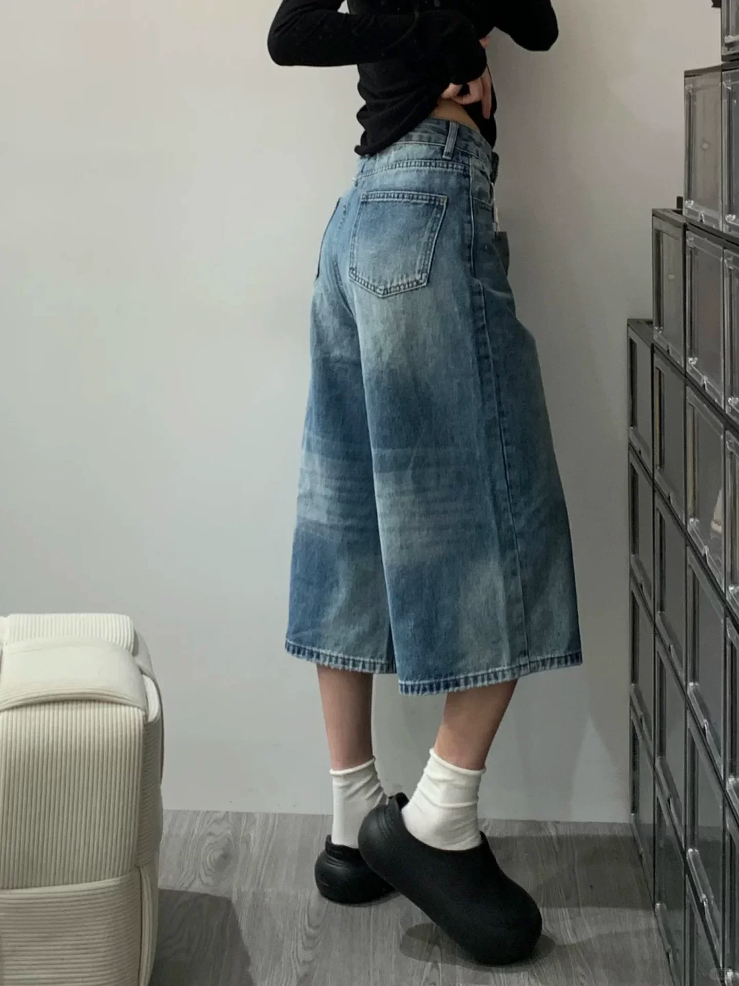 Quần short denim cổ điển dành cho nữ, cỡ lớn mùa hè, lưng cao, dáng rộng, thon gọn, quần ống thẳng, dáng quả lê, quần ống rộng, quần capri.