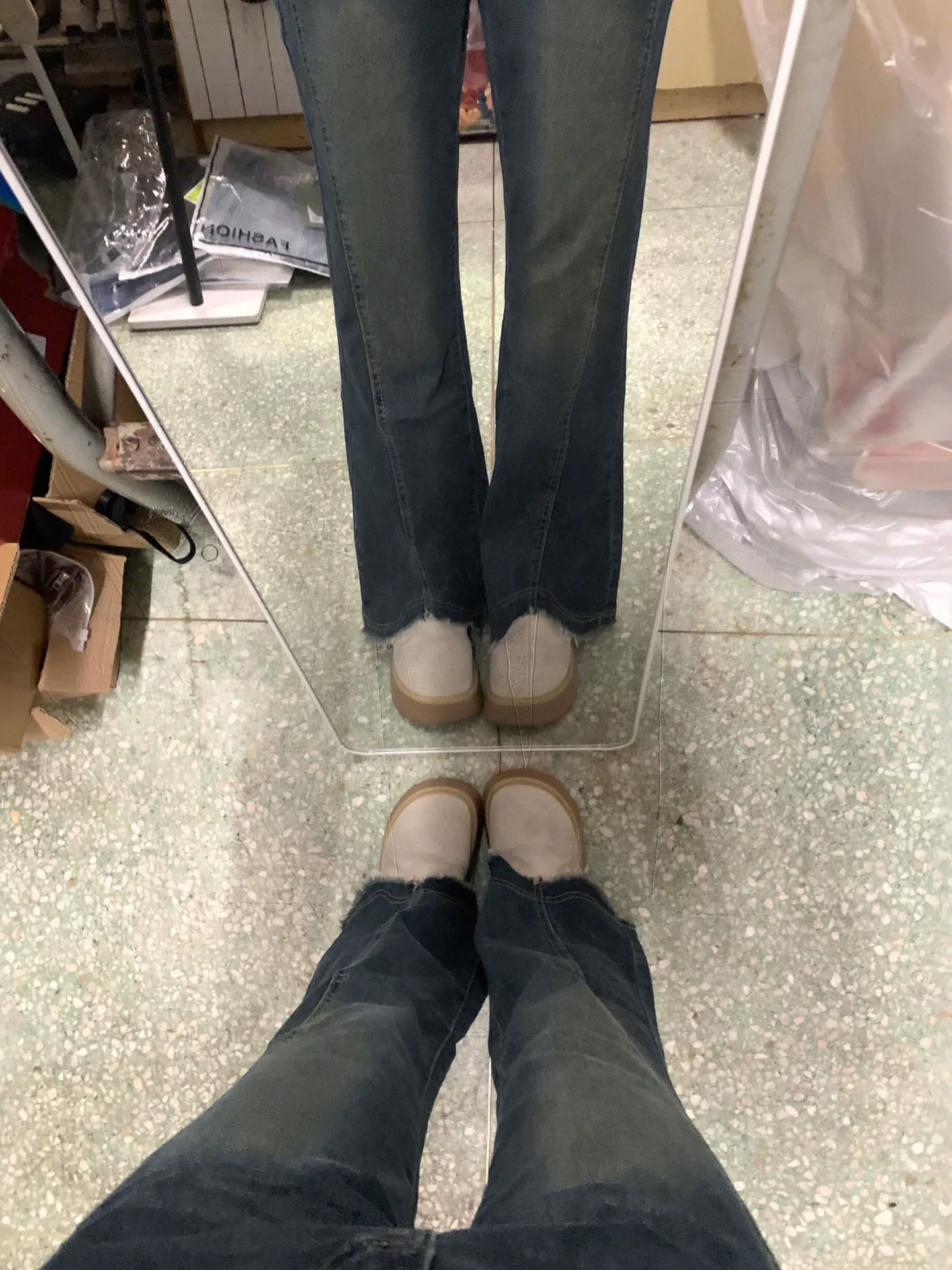 Quần jean xẻ tà thô, kiểu dáng mới mùa thu, size lớn, cạp cao, co giãn, che hông, quần ống loe tôn dáng