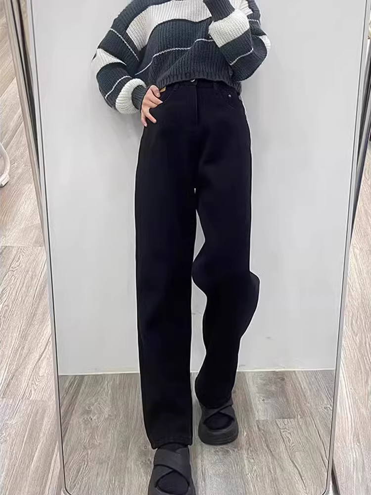 Quần jeans đen ống đứng nữ thu đông 2024, size lớn, chất liệu dày dặn lót lông, cạp cao, dáng rộng, tôn dáng, dài.