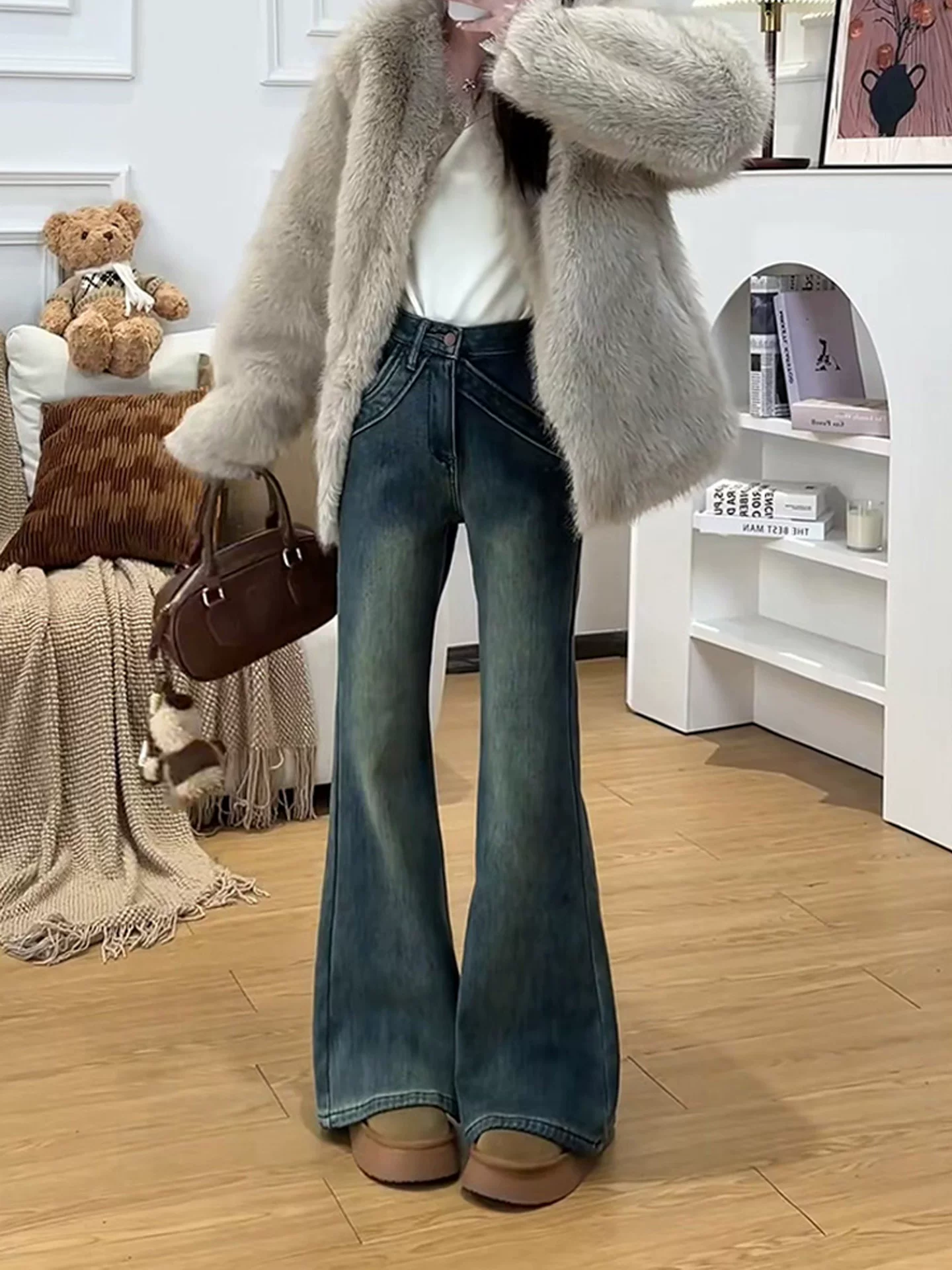 Quần jean ống loe cổ điển dành cho nữ, mùa thu đông, cỡ lớn, cạp cao, co giãn, che hông, dáng nhỏ nhắn, lót lông cừu, quần ống chuông dày dặn
