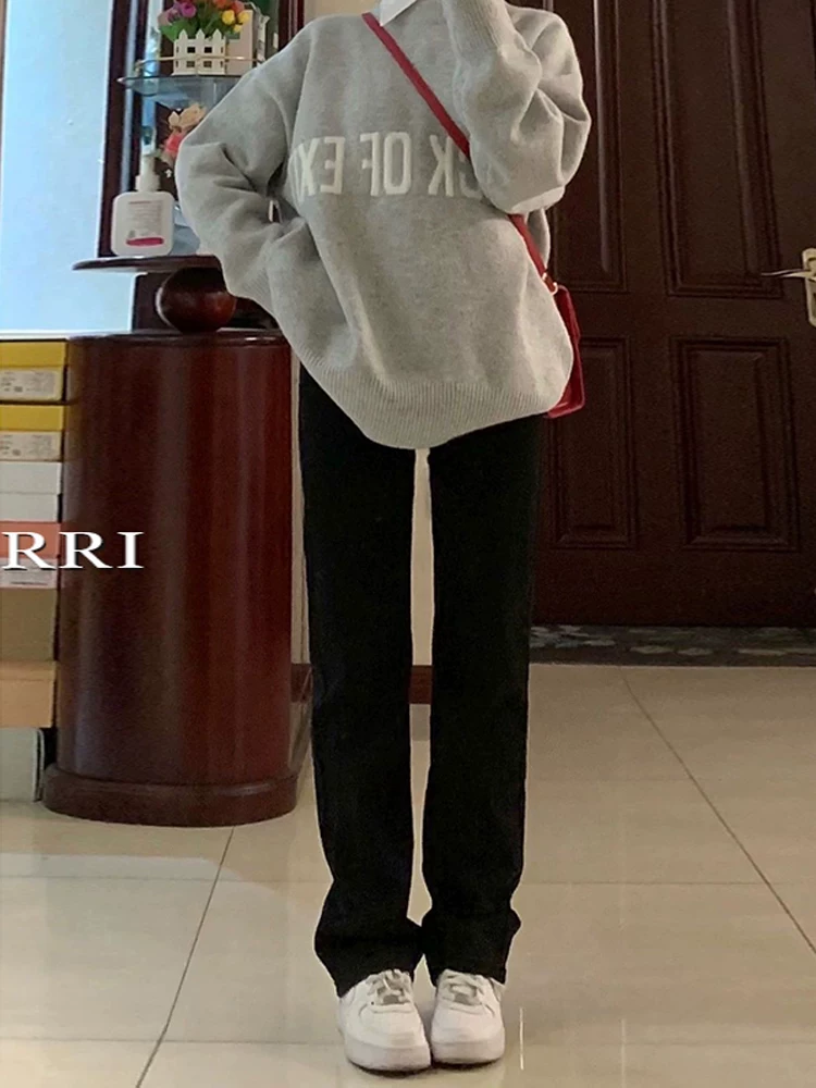 Quần jean đen ống thẳng cho nữ, phong cách đầu thu, cỡ lớn, lưng cao, dáng rộng, tôn dáng, dáng quả lê, quần ống rộng hẹp