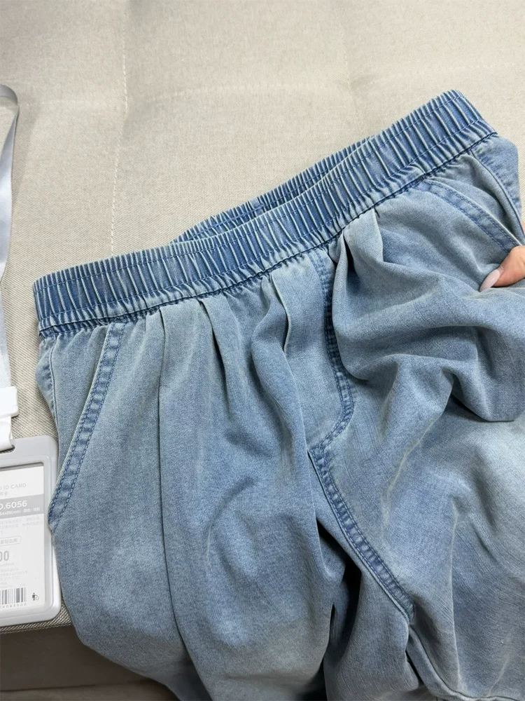 Quần jean ống thẳng Tencel màu xanh nhạt dành cho nữ, kiểu dáng mỏng mùa hè, cỡ lớn, lưng cao, dáng rộng, suôn mềm, quần ống rộng giúp thon gọn.