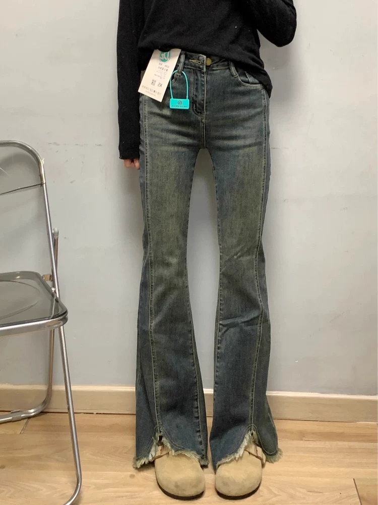 Quần jean ống loe viền thô dành cho nữ, mùa thu đông, cỡ lớn, lót lông cừu, dày dặn, quần ống loe cạp cao tôn dáng thời trang