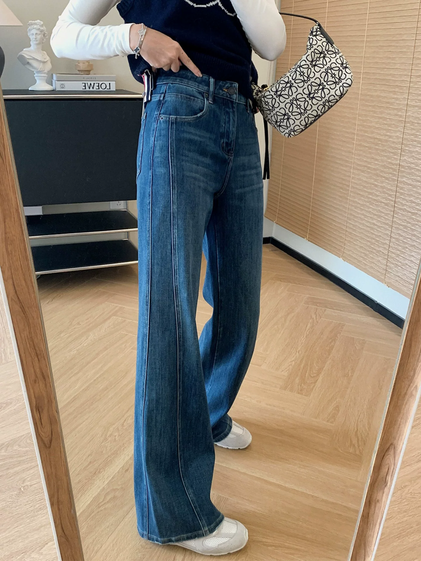 Quần jean ống loe lưng cao màu đen dành cho nữ, mùa thu đông, cỡ lớn, che hông, co giãn, giảm béo, lót lông cừu, quần ống loe dày