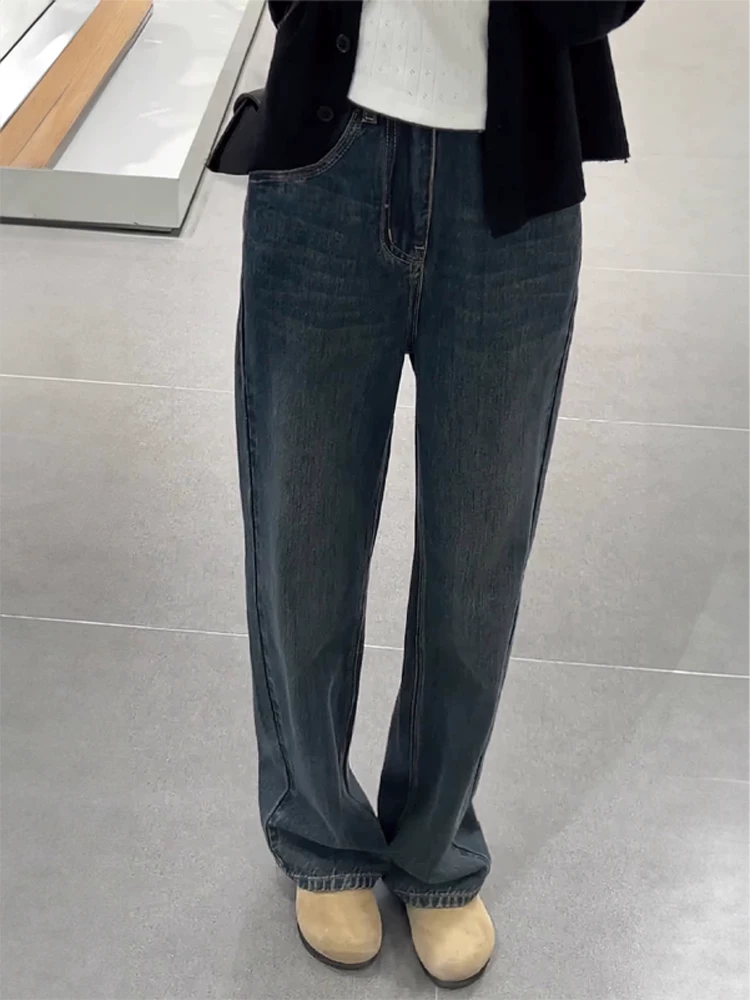 Quần jean ống thẳng màu xám xanh dành cho nữ, phong cách mới đầu thu, cỡ lớn, lưng cao, dáng rộng, che hông, giảm béo, quần dài ống rộng
